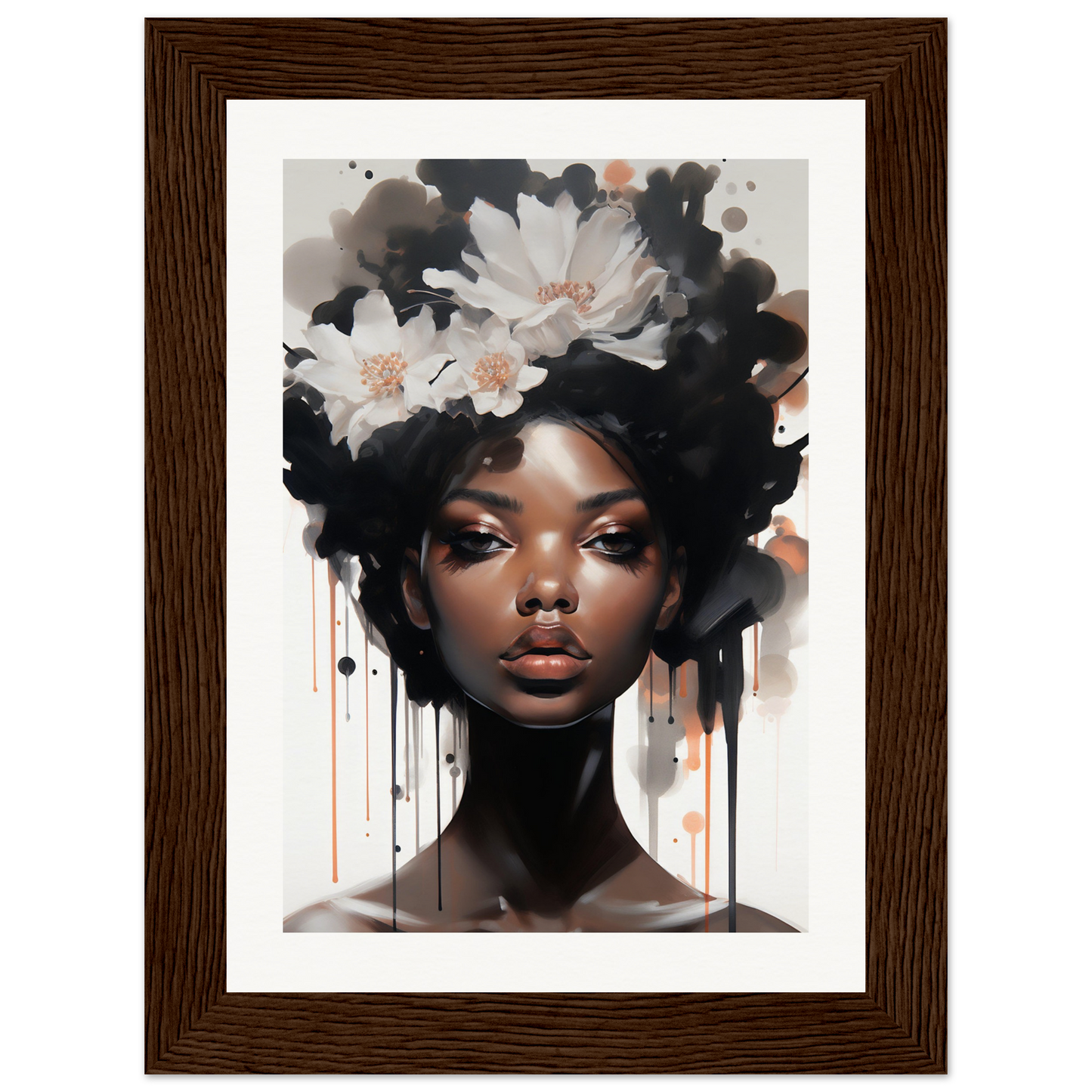 Portrait of a young Black woman with white flowers in her hair, painted in a stylized, ethereal manner.