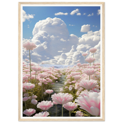 Field of pink flowers beneath a cloudy blue sky.