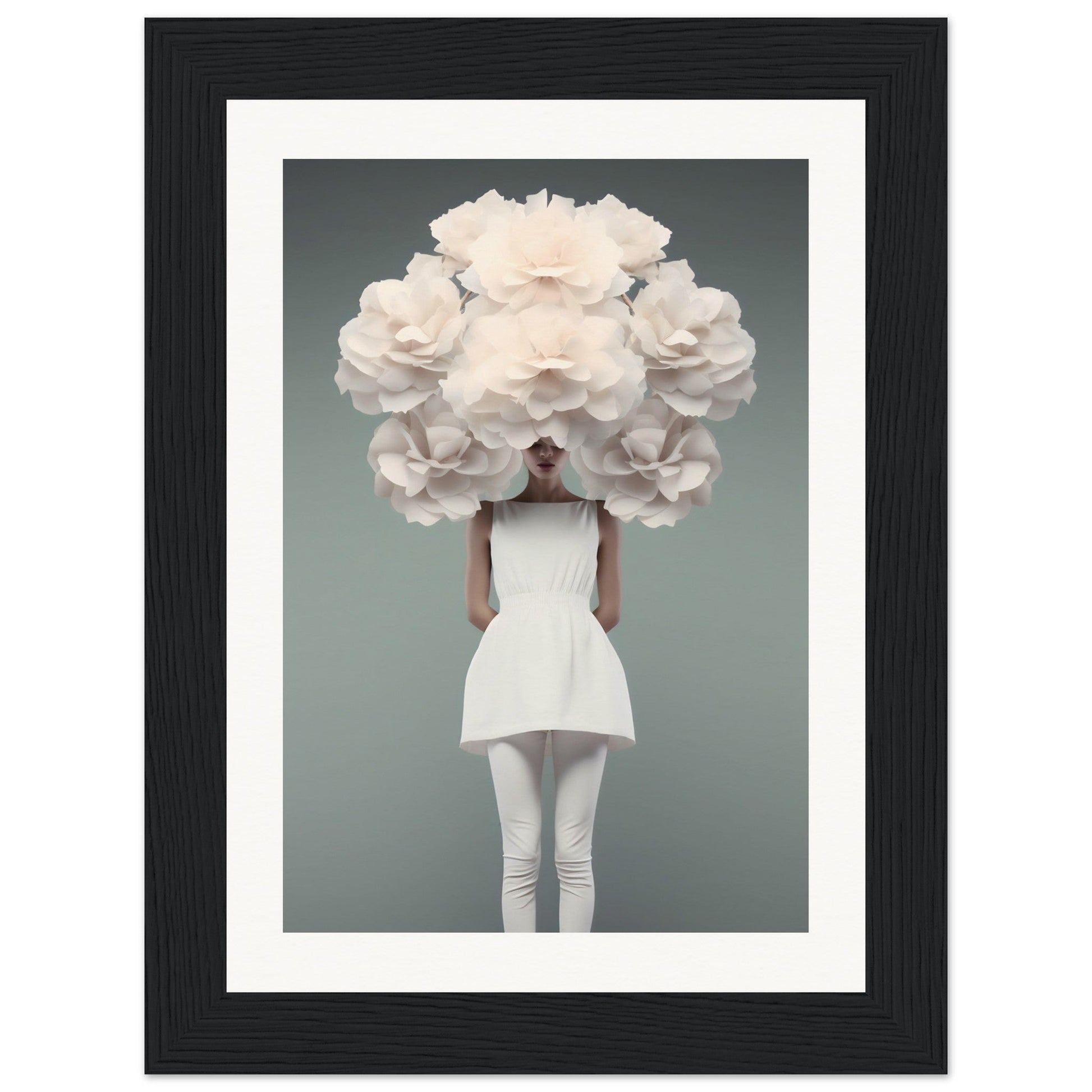 Person wearing an enormous white floral headdress that obscures their face and upper body.