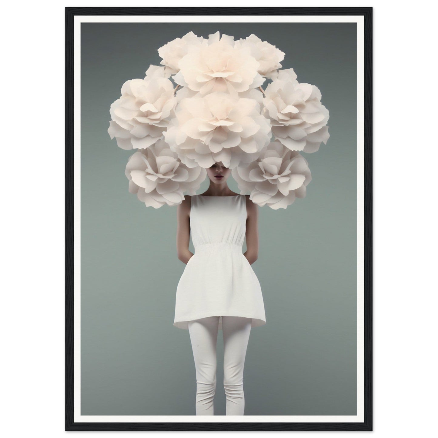 Person wearing an enormous white floral headdress that obscures their face.