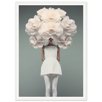 Person wearing a white outfit with an enormous floral headdress of oversized white blooms obscuring their face and upper body.