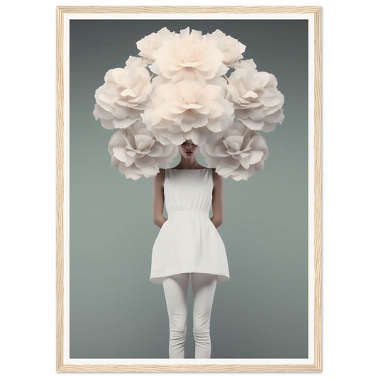 Person wearing a white outfit with an enormous floral headdress obscuring their face and upper body.