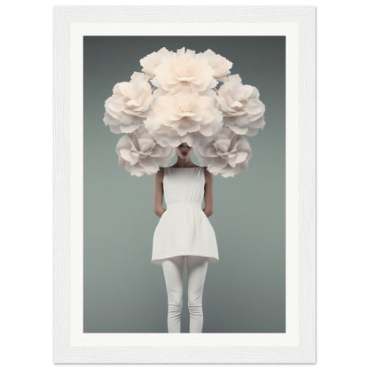 Figure in a white outfit with an enormous floral headdress obscuring the head.