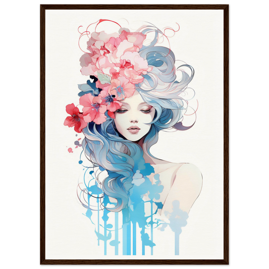 Artistic watercolor-style portrait featuring flowing blue hair and pink floral elements.