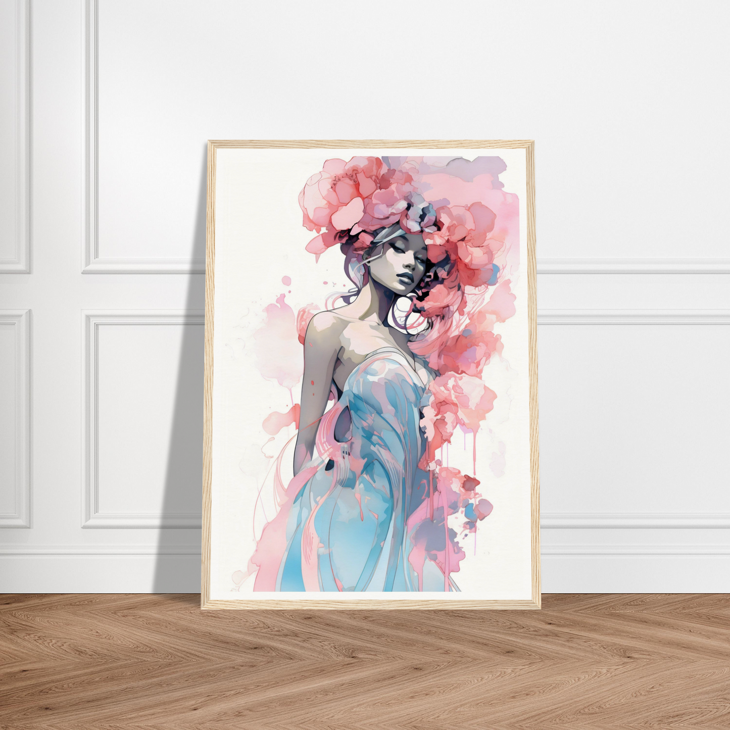 Framed watercolor painting of a woman with pink floral elements in her hair and a blue dress.