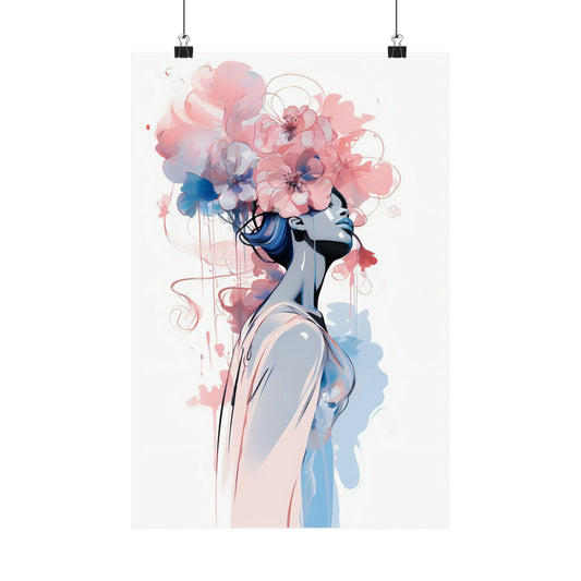 Stylized watercolor portrait of a figure with floral hair in pink and blue tones.