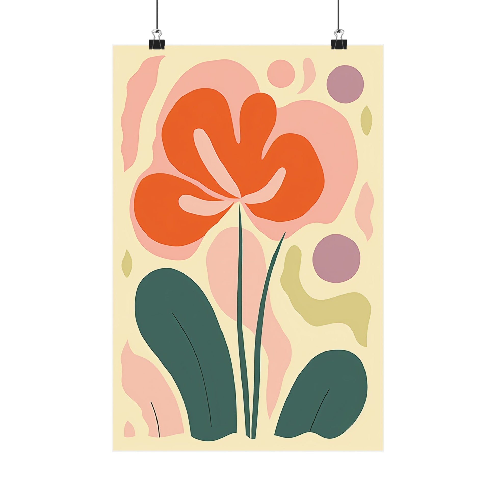 Stylized orange flower with green leaves in a minimalist, abstract design.