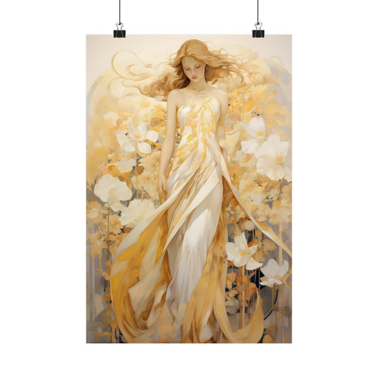 Ethereal painting of a woman in a flowing golden dress surrounded by white flowers.