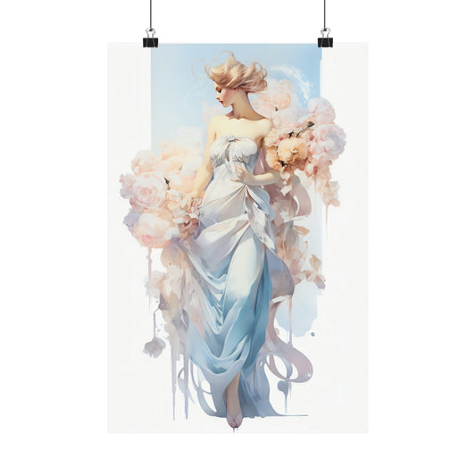 Ethereal female figure in a flowing blue dress holding flowers, painted in a soft, watercolor-like style.