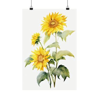 Watercolor painting of three vibrant yellow sunflowers with green leaves and stems.