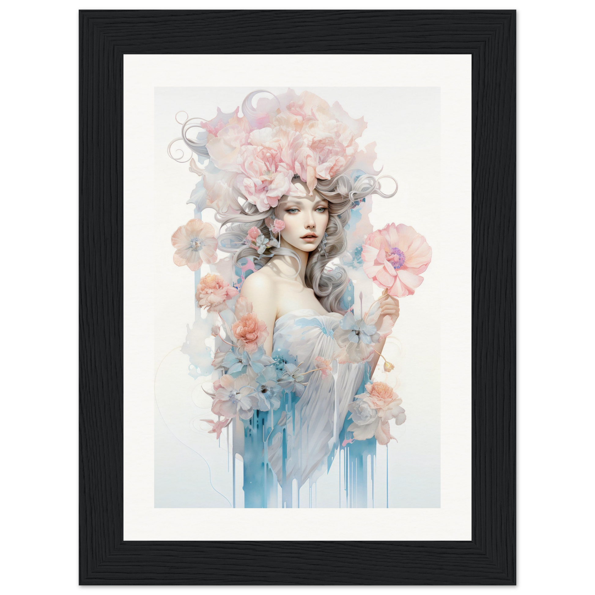 Framed watercolor-style portrait of a woman with floral elements in her hair and around her.