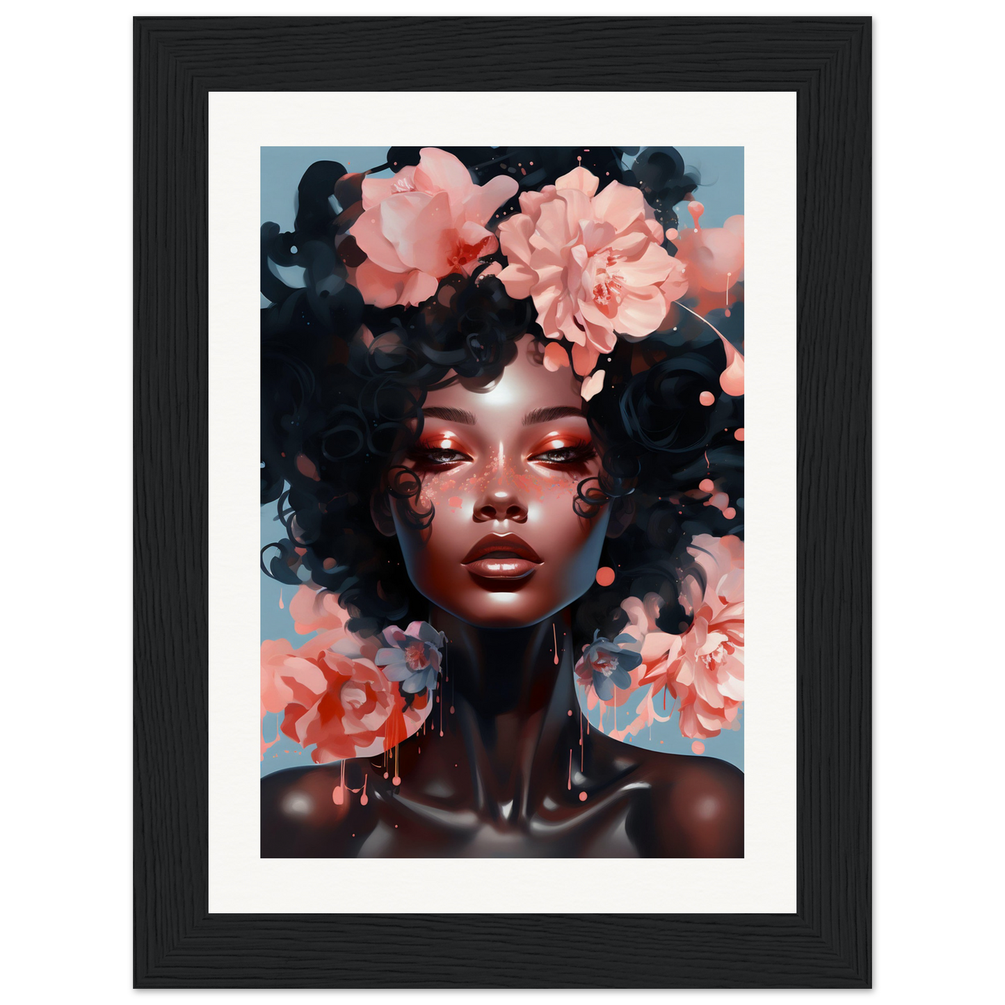 Framed portrait of a woman with flowers in her hair and vibrant makeup.