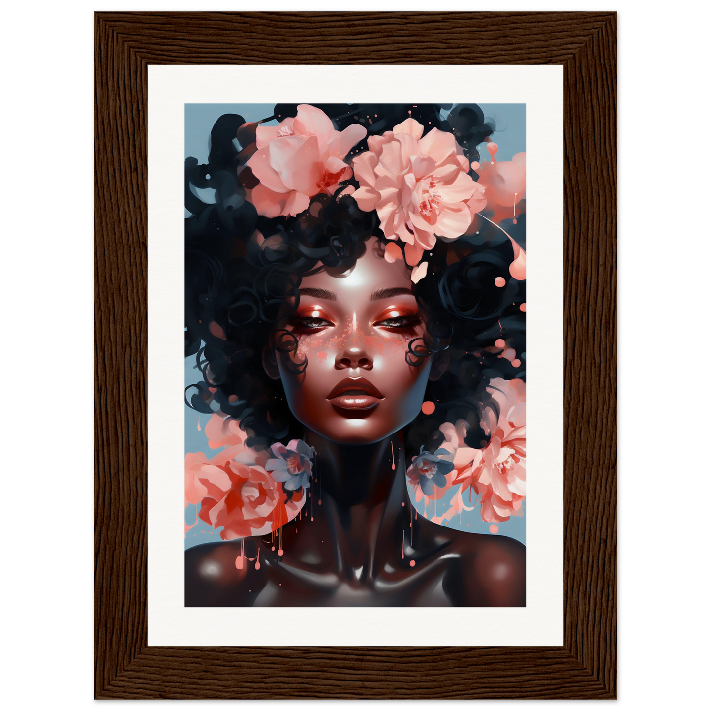 Framed portrait of a woman with flowers in her hair and vibrant makeup.