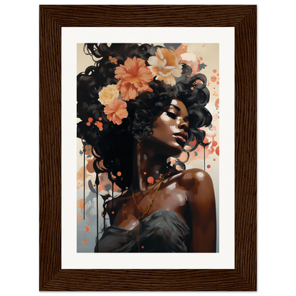 Portrait of a woman with flowers in her hair, painted in a stylized, artistic manner.