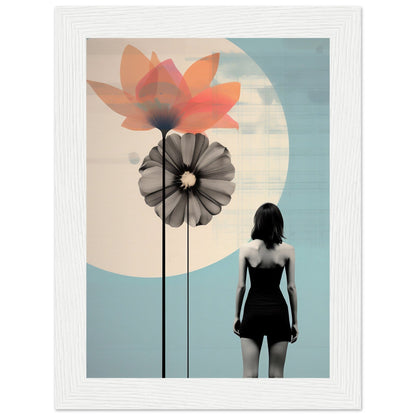 Silhouette of a person standing before stylized oversized flowers against a pale sky with a large moon.