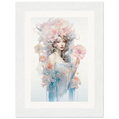 Ethereal watercolor-style portrait of a woman with floral elements in her hair and surrounding her.