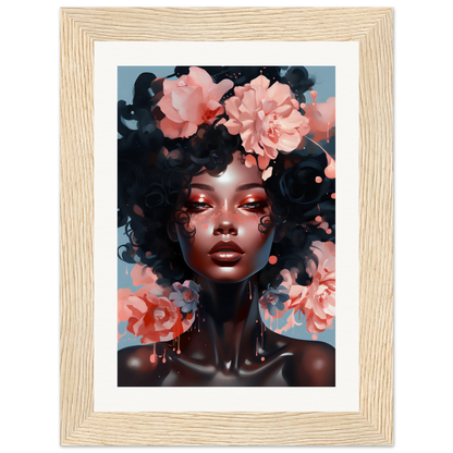 Framed portrait of a woman with flowers in her hair and vibrant makeup.