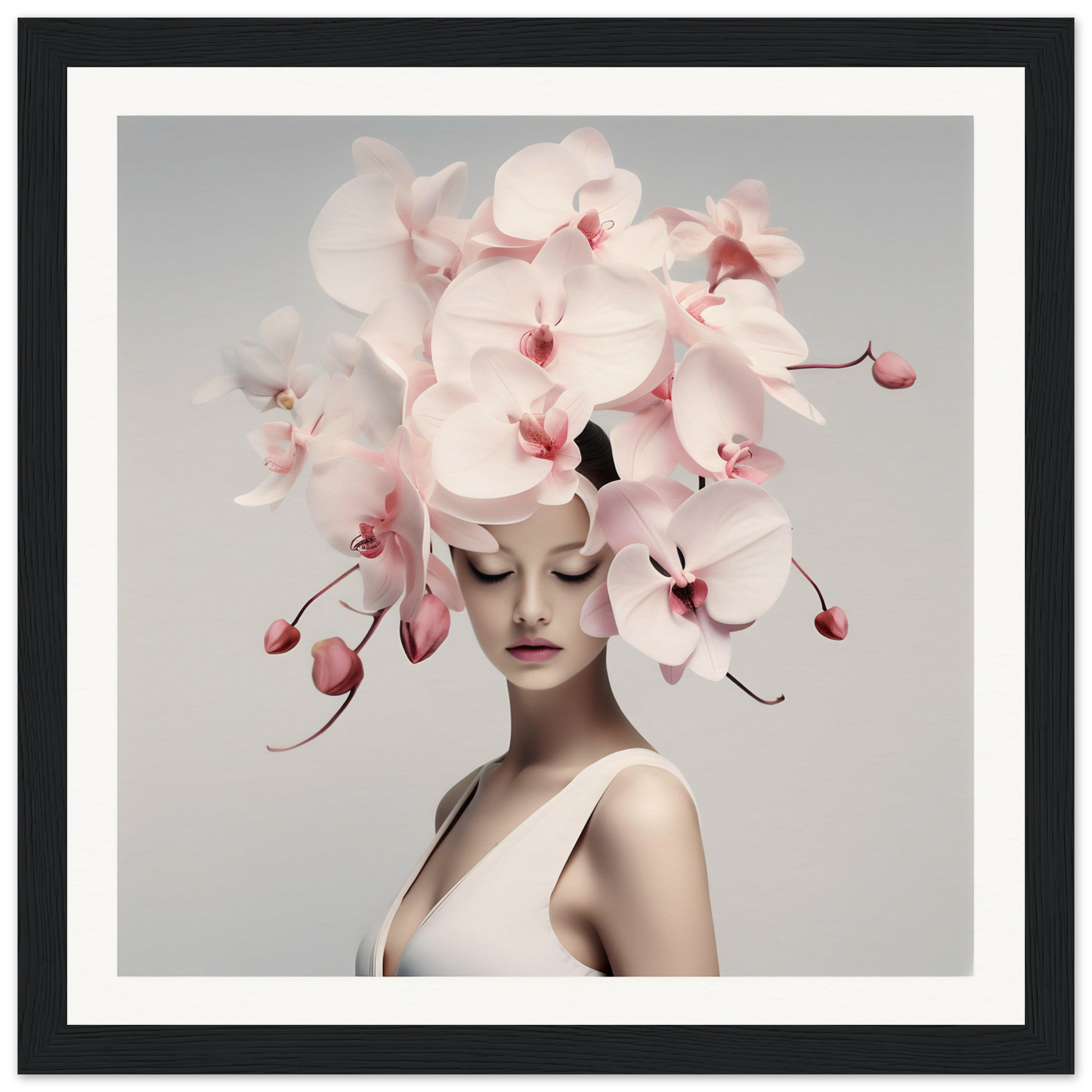 Woman wearing an elaborate orchid headdress.