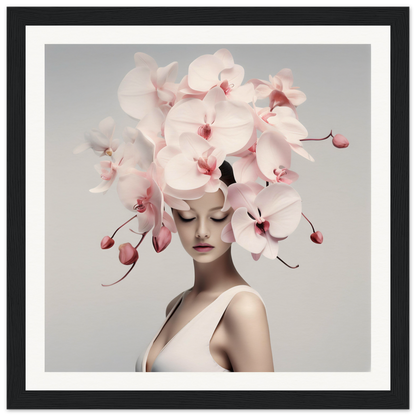 Woman wearing an elaborate orchid headdress.