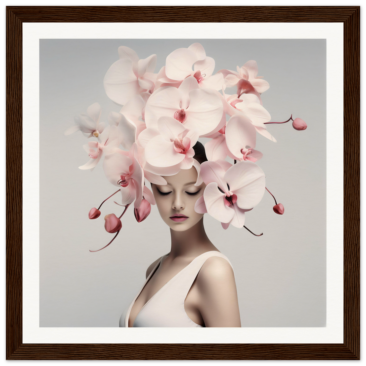 Artistic portrait featuring a person adorned with a dramatic orchid headdress.