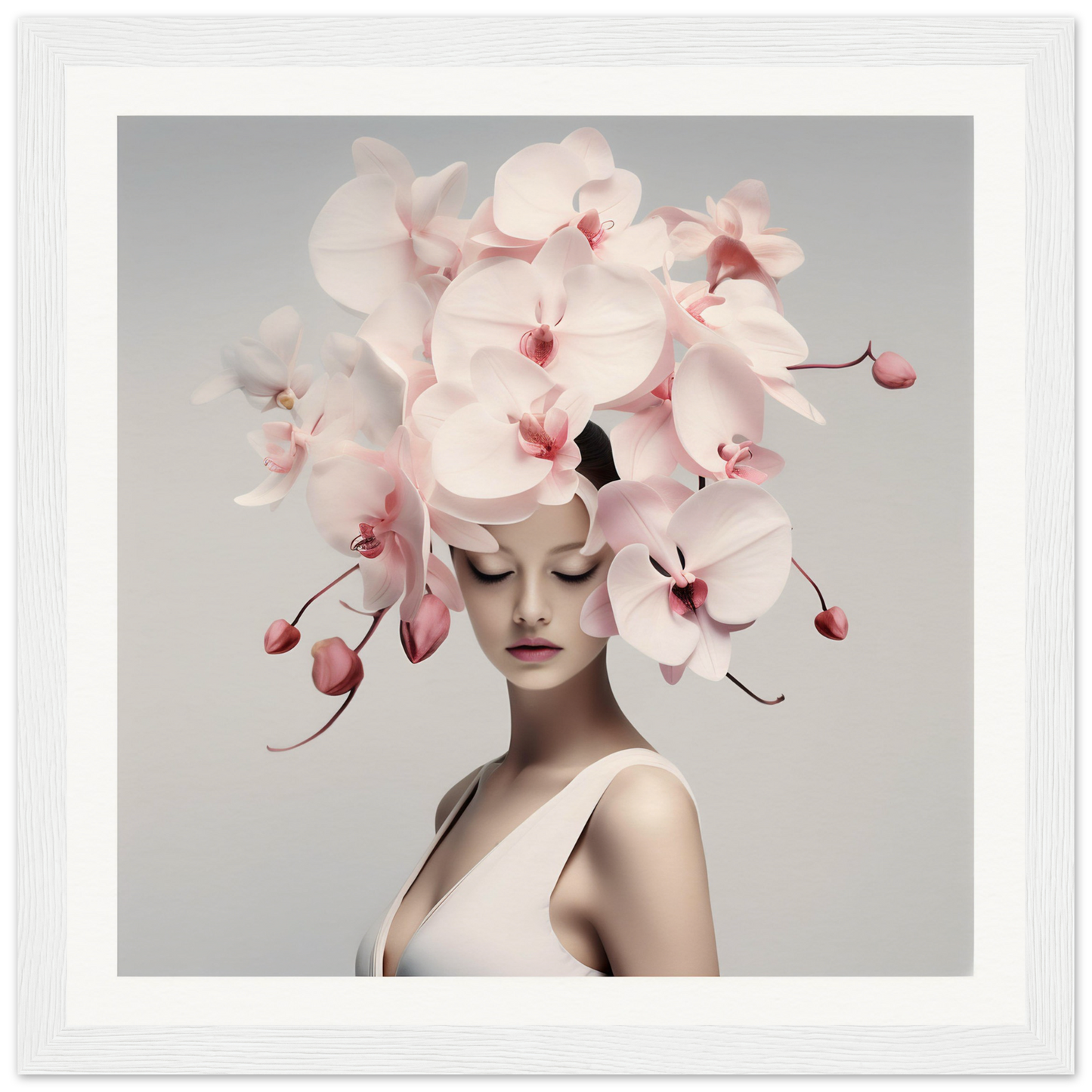 Elegant portrait featuring a person adorned with a dramatic orchid headdress.