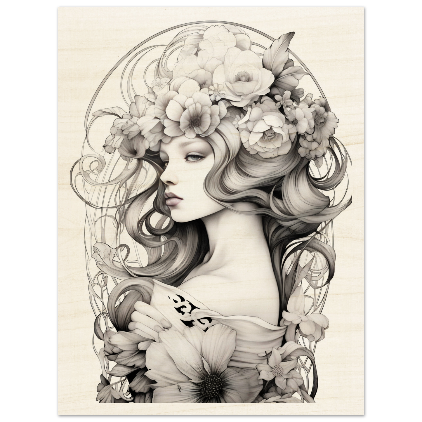 Intricate pencil drawing of a woman adorned with flowers and ornate details.