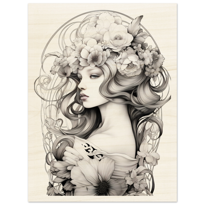 Intricate pencil drawing of a woman adorned with flowers and ornate details.