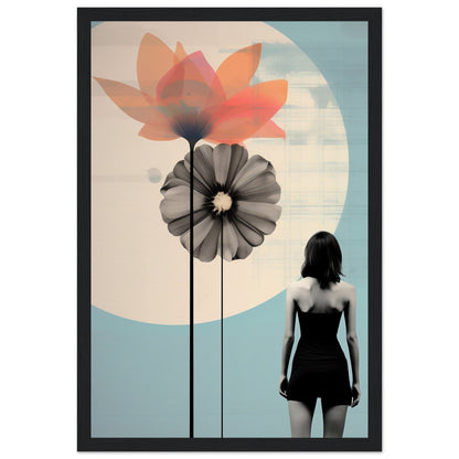 Stylized artwork featuring oversized flowers and a silhouetted woman against a pastel background.