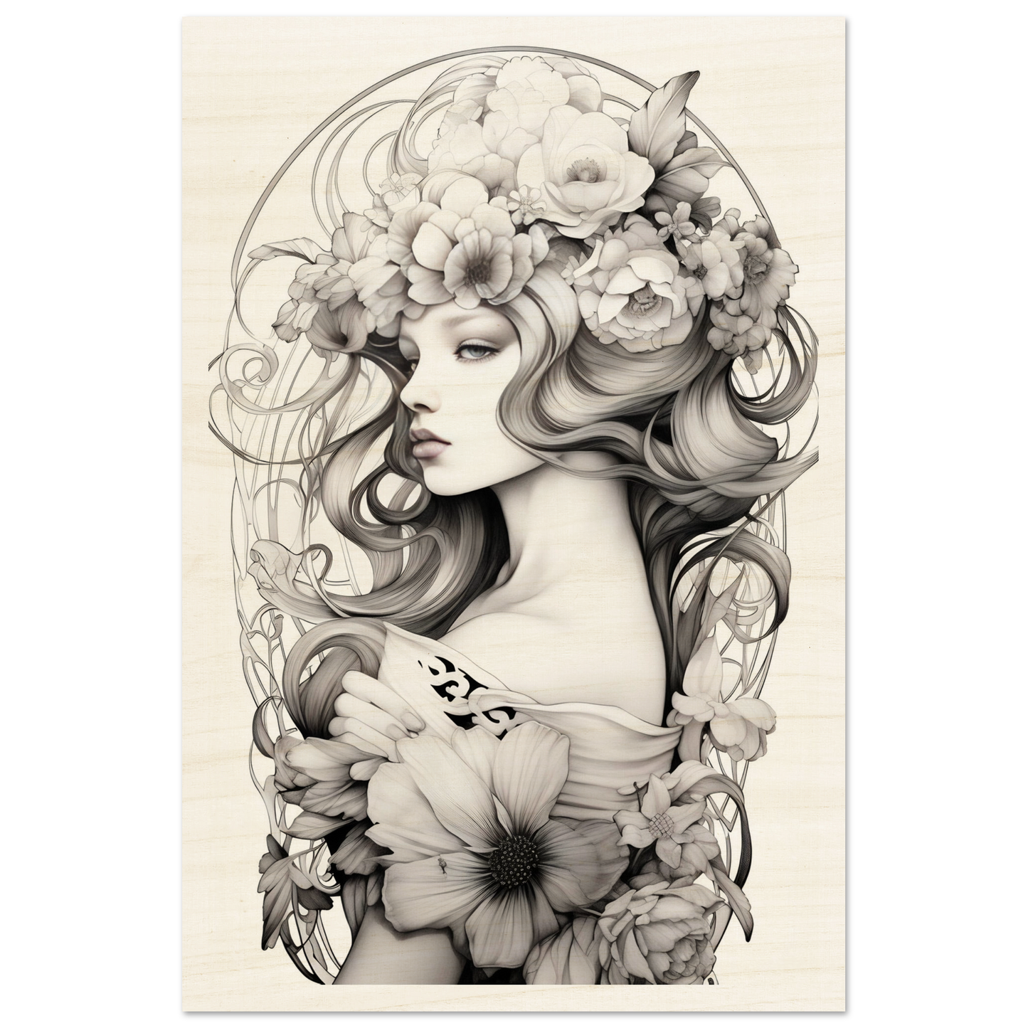 Artistic black and white illustration of a woman adorned with flowing hair and floral elements.