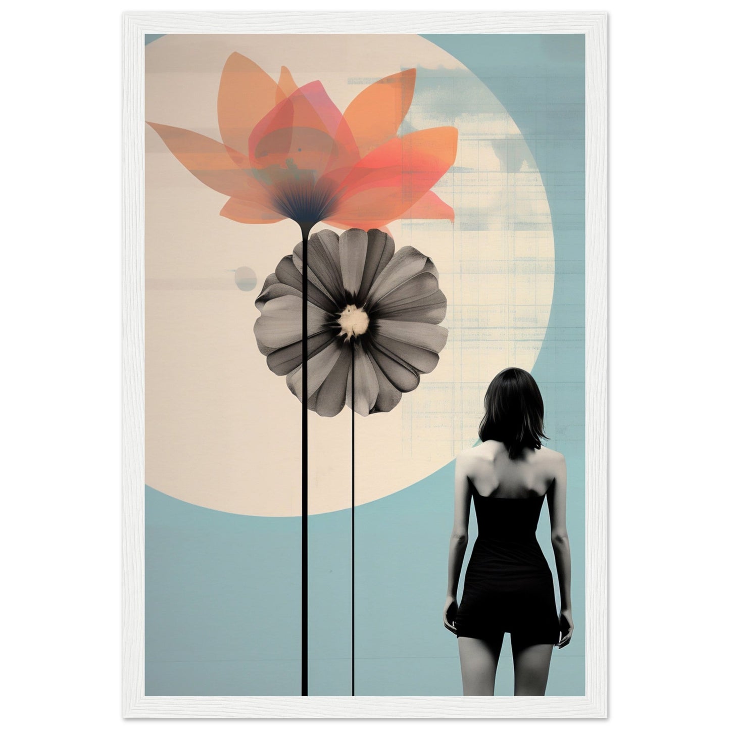 Silhouette of a woman standing next to two stylized flowers against a pale background with a large circular shape.