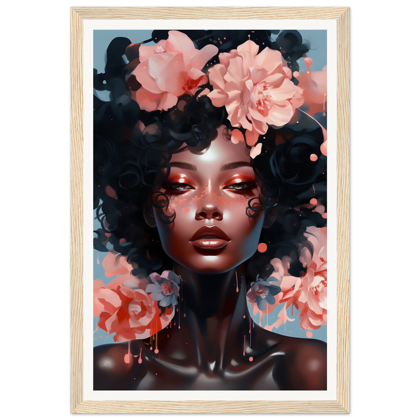 Portrait of a woman with dark skin, voluminous hair adorned with pink flowers, and striking features.