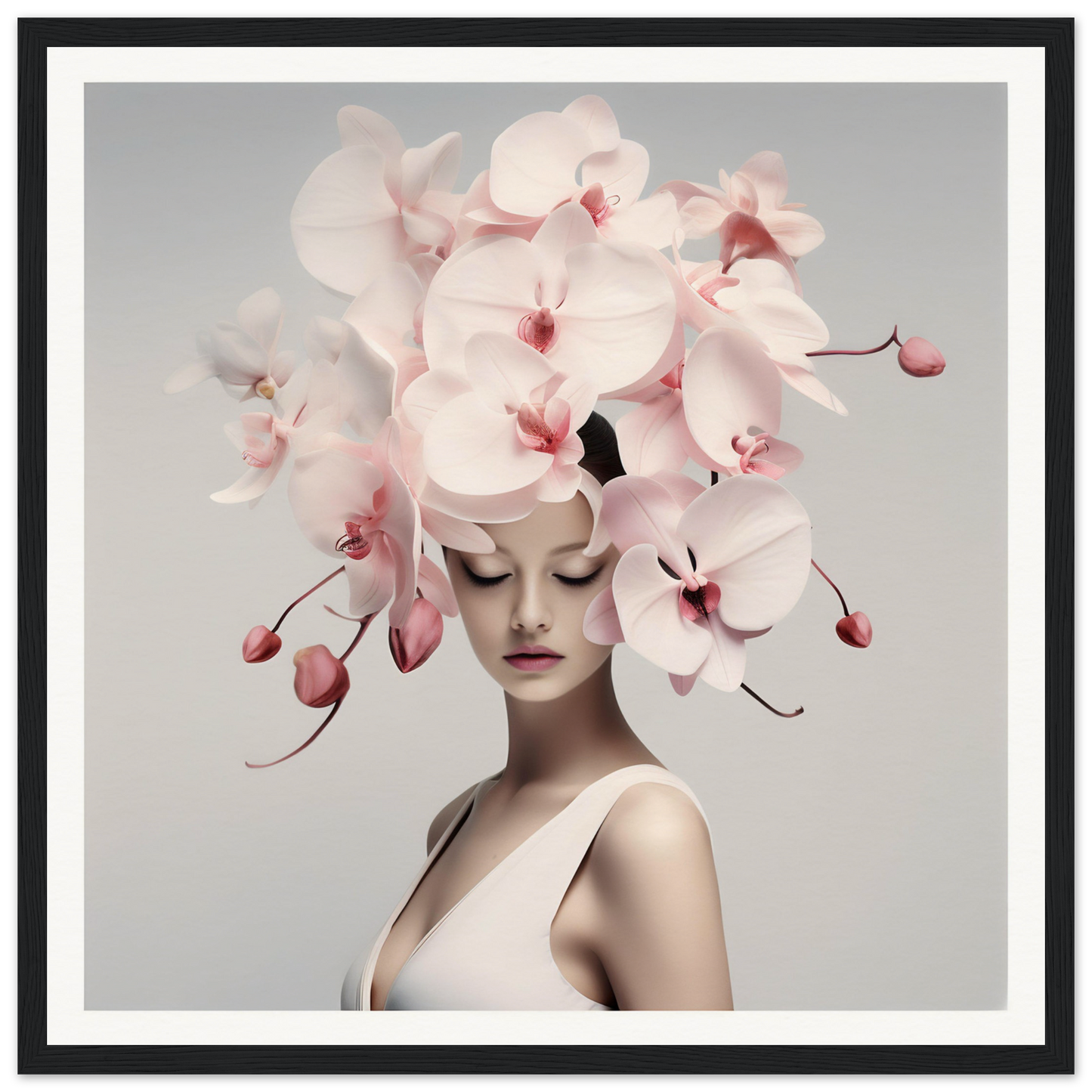 Woman wearing an elaborate headdress made of pale pink orchids.