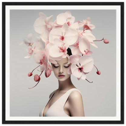 Woman wearing an elaborate headdress made of pale pink orchids.