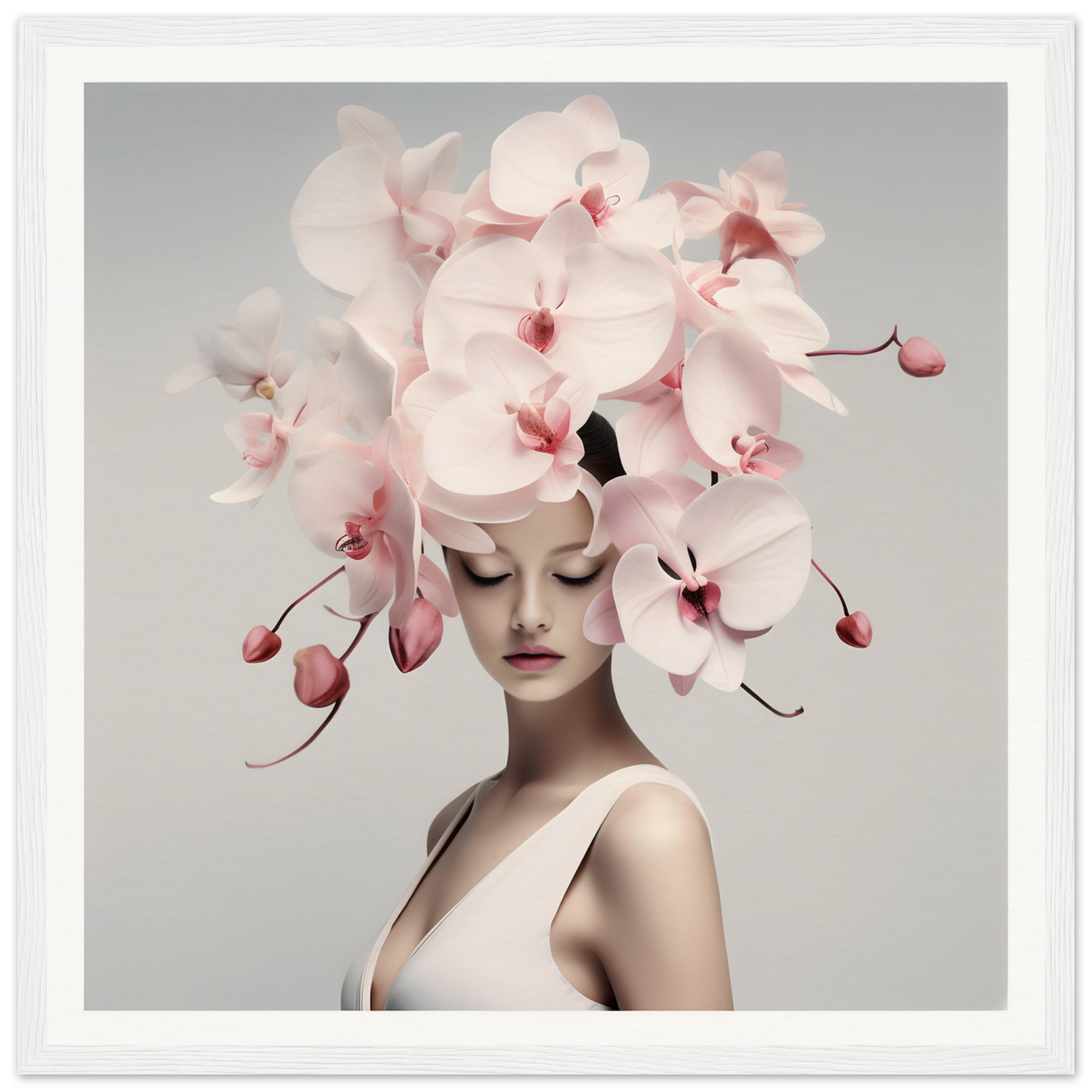 Elegant portrait featuring a person adorned with a dramatic orchid headdress.