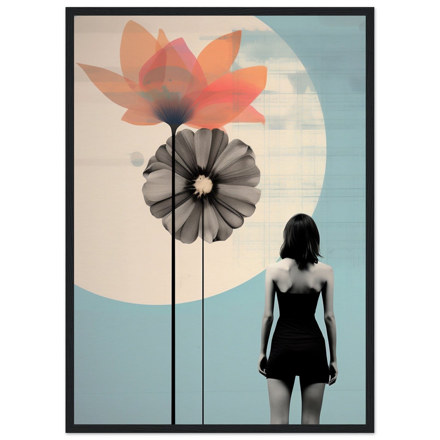 Artistic composition featuring stylized flowers and a silhouetted figure against a pastel background.