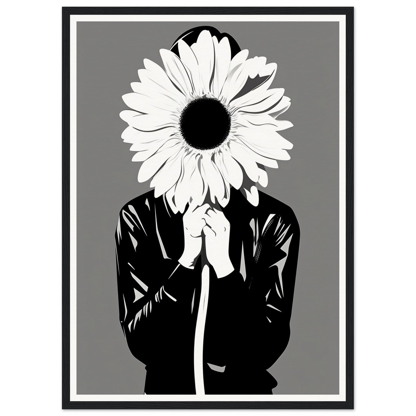 Stylized figure with a sunflower head wearing a black suit.