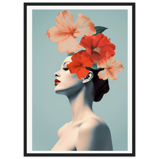 Artistic portrait featuring a figure with vibrant hibiscus flowers adorning their head against a pale blue background.