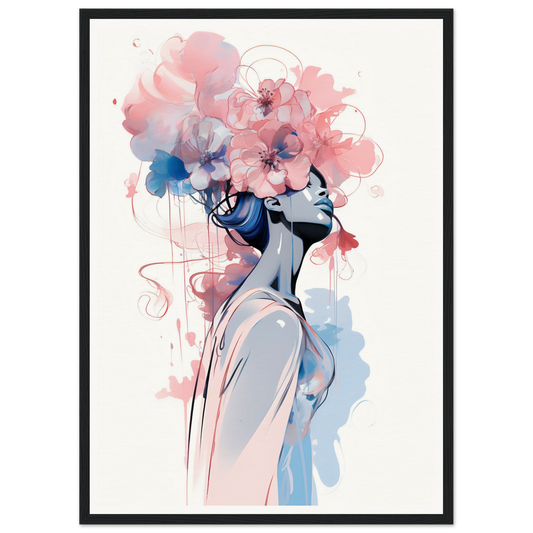 Artistic portrait of a figure with floral elements forming their hair and head in soft pink and blue watercolor tones.