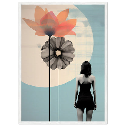 Silhouette of a woman standing in front of stylized oversized flowers and a circular shape.