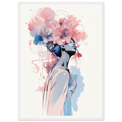 Artistic portrait of a figure with a floral headdress in soft pink and blue watercolor tones.