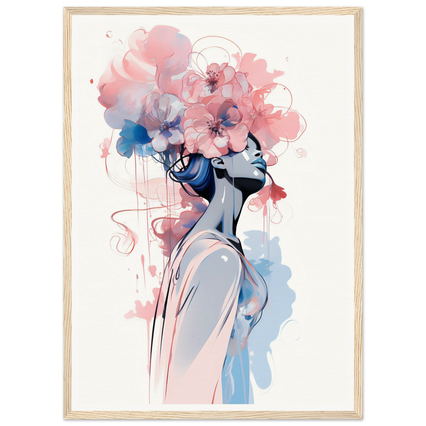 Artistic portrait of a figure with floral elements forming their hair and head in soft pink and blue watercolor tones.