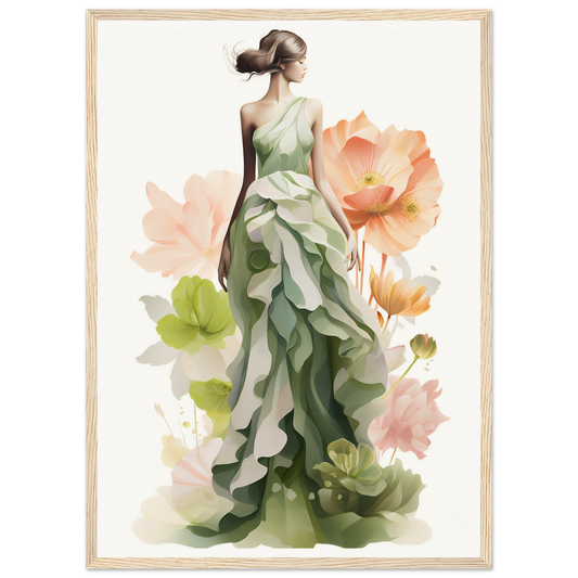 Elegant female figure in a flowing green gown surrounded by soft floral elements.