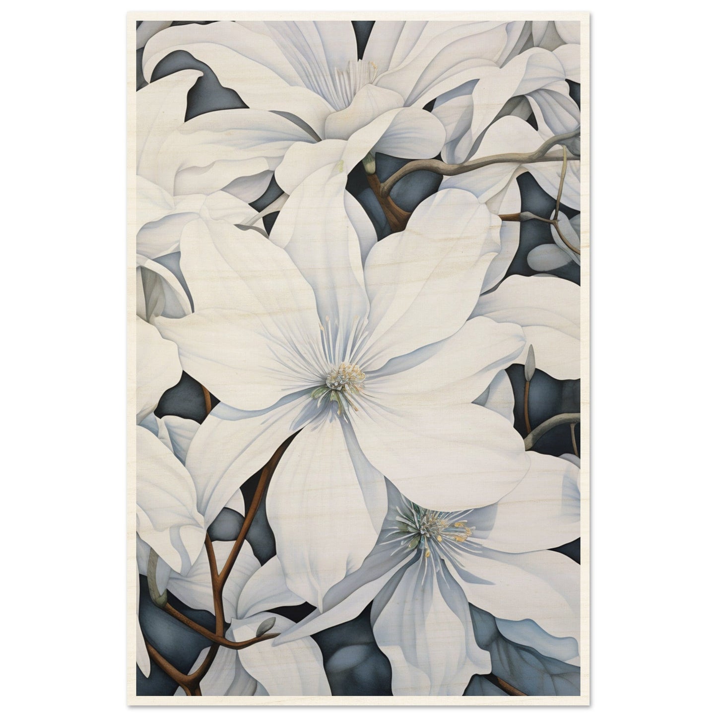 Close-up painting of white magnolia flowers with delicate petals.