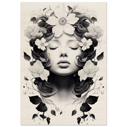 Monochrome portrait of a face surrounded by floral elements and swirling patterns.