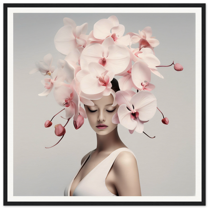 Woman wearing an elaborate headdress made of pale pink orchids.