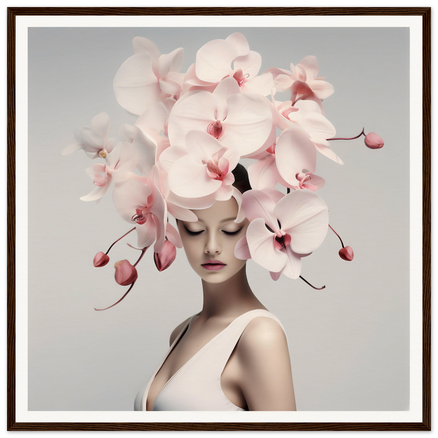 Elegant floral headdress featuring pale pink orchids cascading over a figure’s head and face.