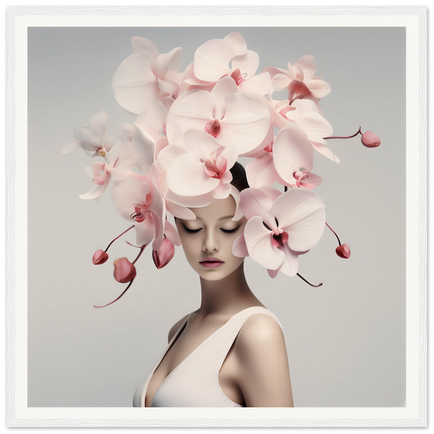 Elaborate floral headdress made of pale pink orchids adorning a figure’s head.