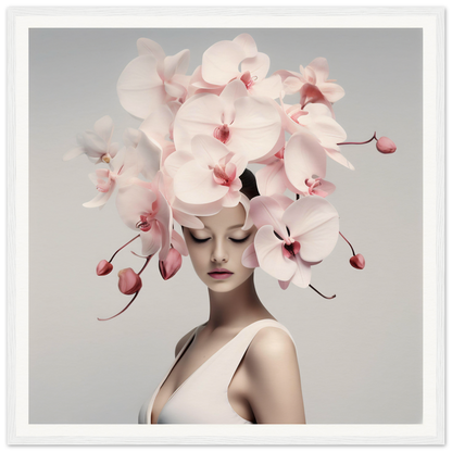 Elaborate floral headdress made of pale pink orchids adorning a figure’s head.