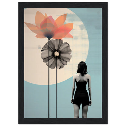 Framed artwork depicting a silhouetted woman facing stylized floral shapes against a pale background with a circular element.