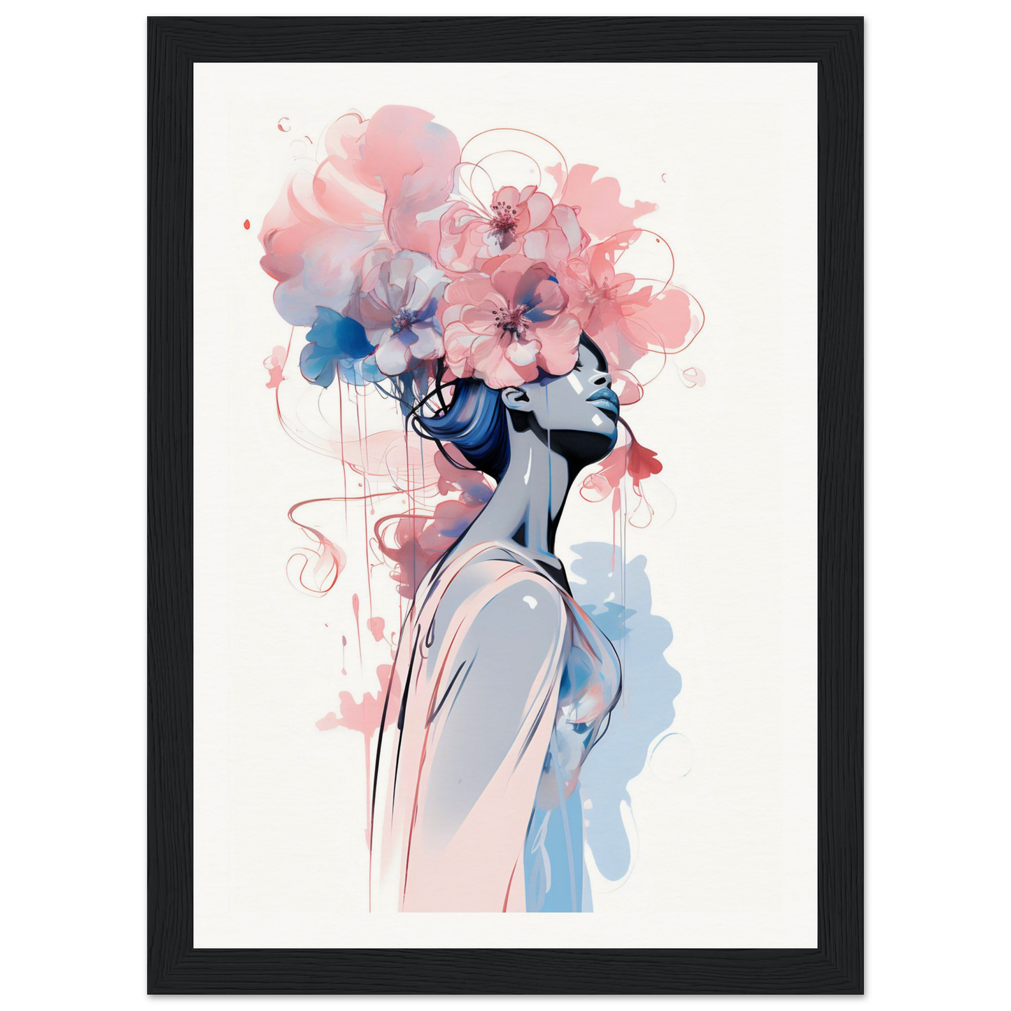 Stylized watercolor painting of a figure with floral elements replacing the head.